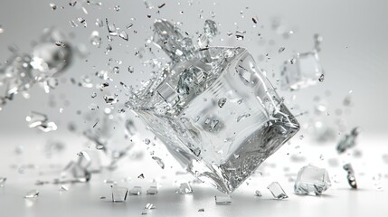 a shattered glass cube flying outwards on an undecorated white background