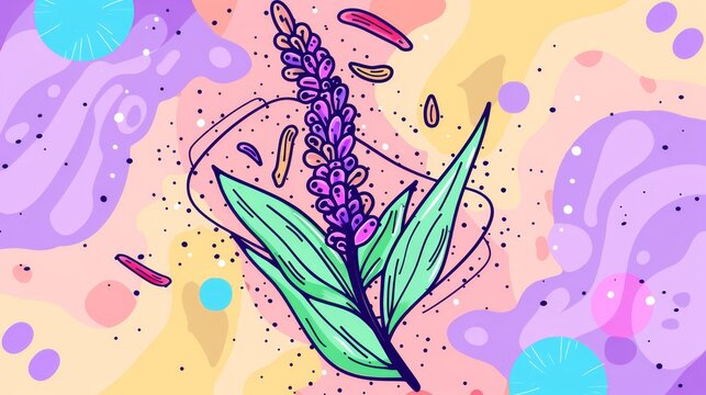   A drawing of a purple flower on a pink and purple background with numerous bubbles in the lower half