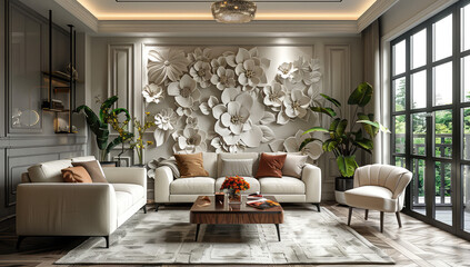Fototapeta na wymiar 3D wallpaper modern luxury flowers sculpted in the style of wood wall mural, interior design, living room. Created with Ai