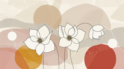   A painting of white flowers surrounded by a red circle in one portion and an orange circle in the other part of the canvas