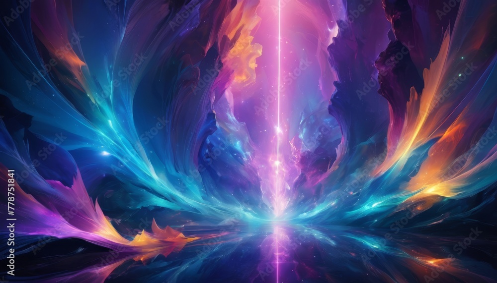 Poster a digital explosion of cosmic energy, with radiant colors and dynamic forms that suggest a powerful 