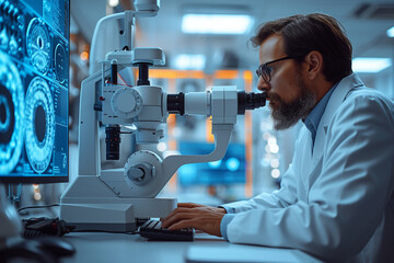 doctor at a optical clinic with futuristic ophthalmoscope equipment performing eye test and vision cure research as wide banner with copy space area