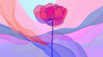   A red flower atop a blue-pink waveground with a nearby tall pink flower