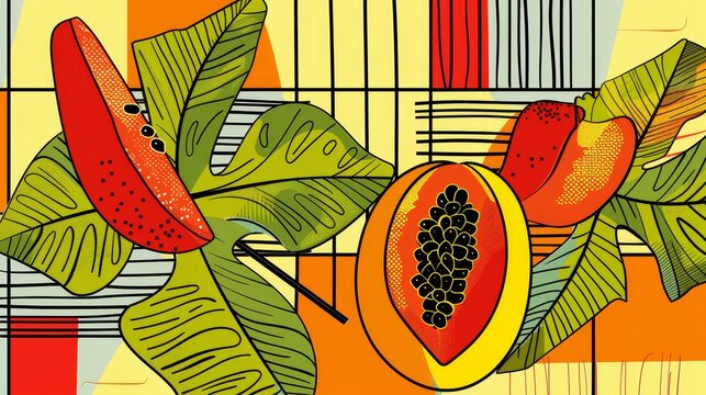   A yellow background with a geometric pattern featuring tropical fruits like bananas and papayas in a painting