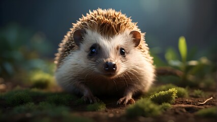  a cute young hedgehog captured in a naturalistic setting. The hedgehog should be depicted with lifelike detail, including individual quills and fur texture. Draw inspiration from wildlife photography - obrazy, fototapety, plakaty