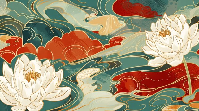   Water Lilies Pond with Red Fish