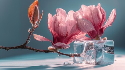   A pair of pink blossoms resting atop an ice block with water covering the frozen chunks below - obrazy, fototapety, plakaty