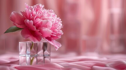   A pink flower sits in a glass vase on a bed of satin and is surrounded by a pink curtain
