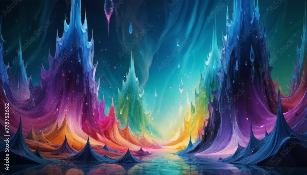 Poster an enchanting digital artwork showcasing a vivid forest path with cascading colors and surreal, towe