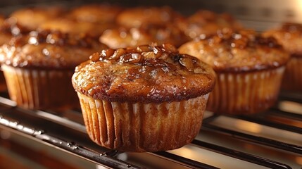   A macro shot of a muffin perched atop an oven rack amidst its fellow baked goods