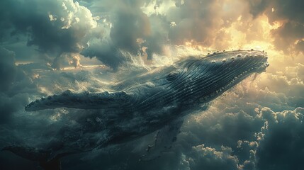 An odd atmosphere is created as the image of a blue whale appears in the cloud-filled sky. Extraordinary Creatures.