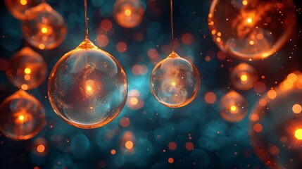   A collection of translucent baubles dangling from cords against a midnight sky with candelabras nearby - obrazy, fototapety, plakaty
