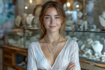 Fototapeta premium jewelry store jewellery boutique background young saleswoman standing in jewelry store concept of retail girl worker employee shop staff shop small business owner at work