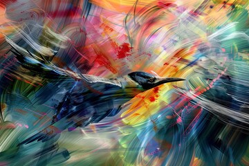 bird in movement painting detailed Avian Symphony dynamic brushstrokes, vibrant colors, to create a visually composition that captures the fluidity and beauty of avian motion