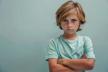 A boy with crossed arms and a displeased look standing against a green wall - obrazy, fototapety, plakaty