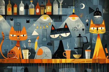 Cubist Cat cafe, featuring fragmented forms, multiple perspectives, and whimsical characters