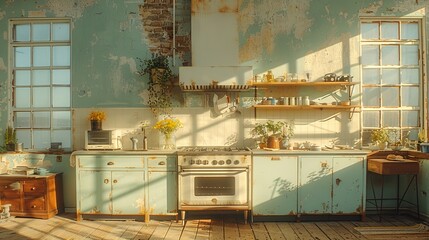   A kitchen featuring a stovetop oven and a table with a potted plant on top - obrazy, fototapety, plakaty