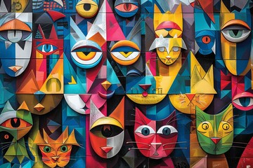 Cubist Cat Carnival, featuring fragmented forms, multiple perspectives, and whimsical characters that embody the exuberance and spontaneity of the festivities