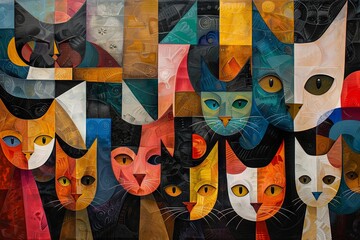 Cubist Cat Carnival, featuring fragmented forms, multiple perspectives, and whimsical characters that embody the exuberance and spontaneity of the festivities - obrazy, fototapety, plakaty
