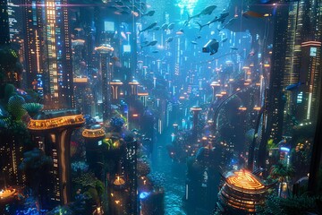 Futuristic Fish Metropolis with marine life in a vibrant underwater cityscape, featuring sleek skyscrapers and futuristic technology juxtaposed with colorful coral reefs and exotic sea creatures.