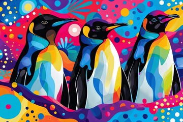 Pop Art Penguin Paradise in a vibrant, playful scene filled with bold colors, dynamic patterns, and whimsical characters