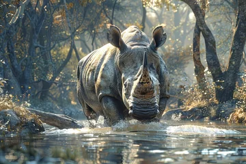 Fototapeten Realistic Rhino in a tranquil riverside © Izanbar MagicAI Art