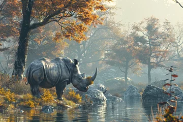Keuken spatwand met foto Realistic Rhino in a tranquil riverside © Izanbar MagicAI Art