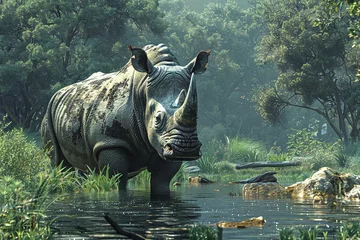 Selbstklebende Fototapeten Realistic Rhino in a tranquil riverside © Izanbar MagicAI Art