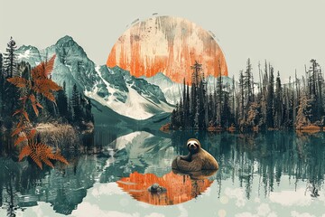 sloth relaxing in serene landscape illustration - obrazy, fototapety, plakaty