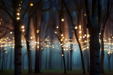 Blurred lights shining amongst tree branches background Generative AI