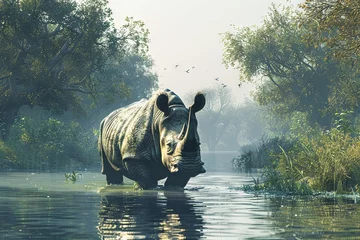 Foto op Plexiglas Realistic Rhino in a tranquil riverside © Izanbar MagicAI Art