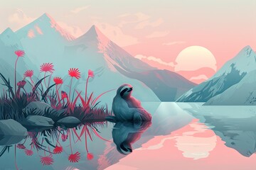 sloth relaxing in serene landscape illustration