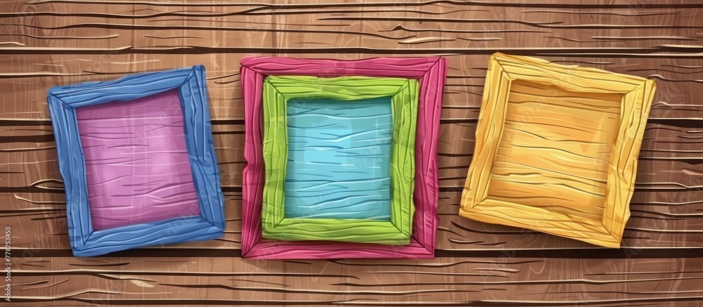 Poster array of three vibrant frames displayed on a wooden tabletop with a rustic wood background