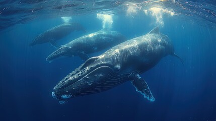 A spectacular photo of a pod of blue whales swimming in tropical waters. Extraordinary Creatures.