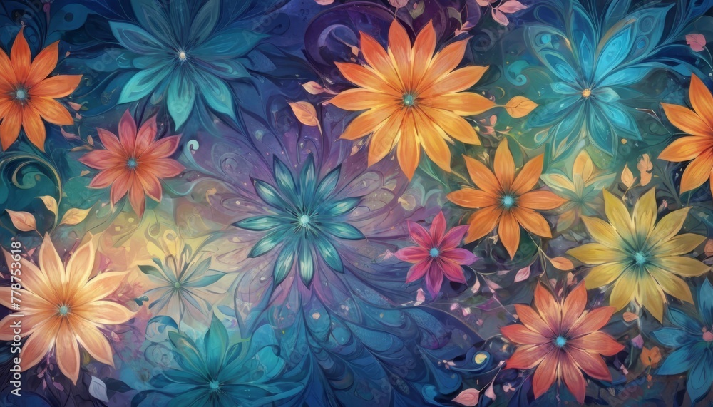 Poster this image features an artistic rendition of flowers, with a whimsical swirl of pastel colors creati