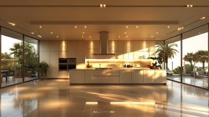   A spacious kitchen features ample counter space, bright ceiling lights, and lush greenery with potted plants on the countertop