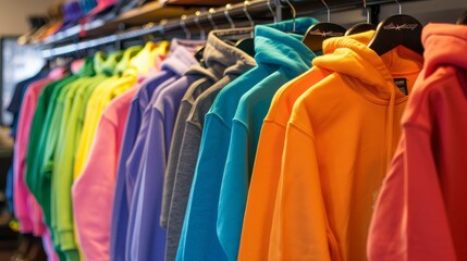 Variety of hoodies in bright colors arranged on hangers in store 