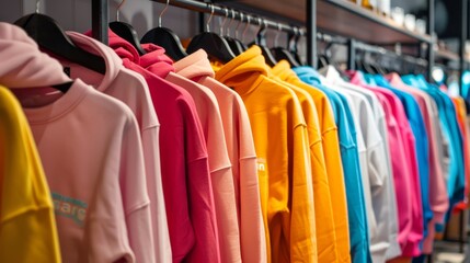 Variety of hoodies in bright colors arranged on hangers in store  - obrazy, fototapety, plakaty