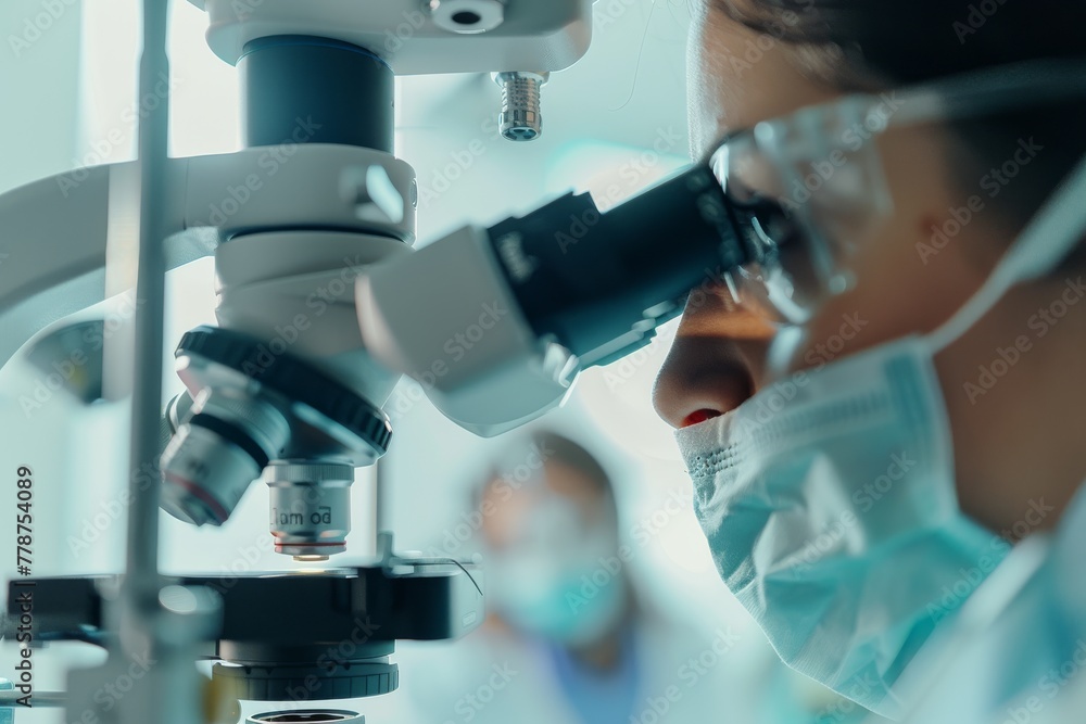 Poster An intense focus on a scientist using a microscope, inspecting specimens with high precision in a medical lab setting