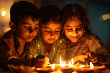 Obraz na płótnie Canvas Children enjoying Diwali festival with bright candle lights and joyous faces