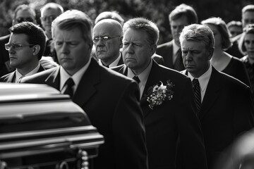 Solemn men dressed in suits participating in a somber funeral procession