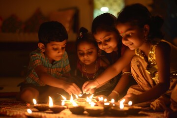 Four young children are intimately involved in lighting traditional earthenware candles during a cultural festival, portraying warmth and innocence