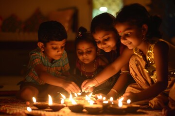 Fototapeta premium Four young children are intimately involved in lighting traditional earthenware candles during a cultural festival, portraying warmth and innocence