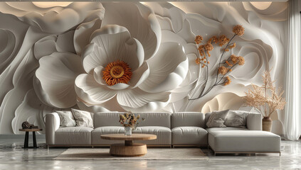 A large wall mural of an oversized flower in the style of Art Deco, 3D, on the living room wall of a loft apartment with a white sofa and coffee table. Created with Ai