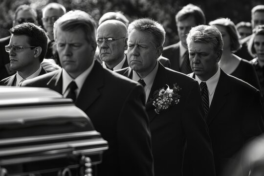 Solemn men dressed in suits participating in a somber funeral procession