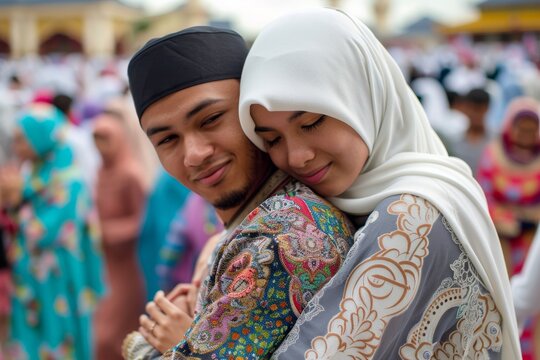A young couple dressed in traditional Malay attire is sharing an intimate embrace during a cultural celebration, embodying togetherness and love