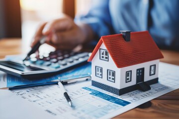 Close-up of hands calculating finances with a calculator near model houses, symbolizing real estate valuation and budgeting