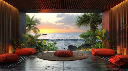  Ocean view room with red pillows on the floor and palm trees beyond
