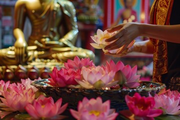 A person tenderly holds a pink lotus flower in a ceremonial offering at a brightly adorned Buddhist temple setting