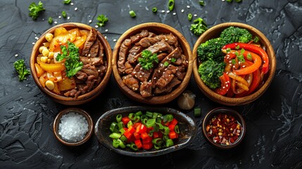   A trio of wooden bowls, each holding distinct vegetables, sits atop a table alongside tiny sauce and seasoning containers